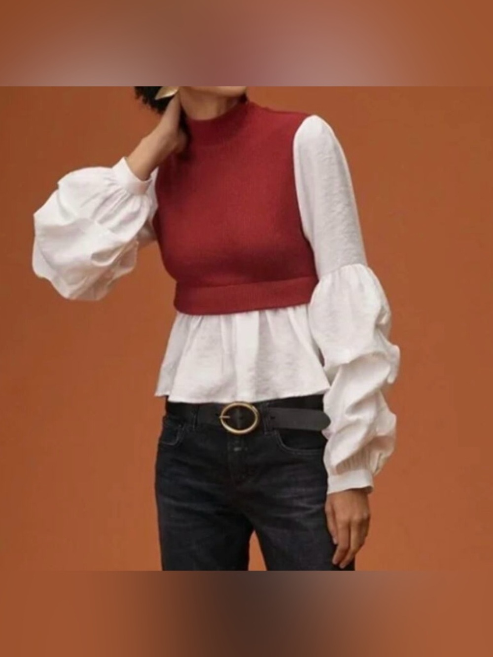 Anthropologie White Peplum with Burgundy Knit Overlay Sweater - Size XS